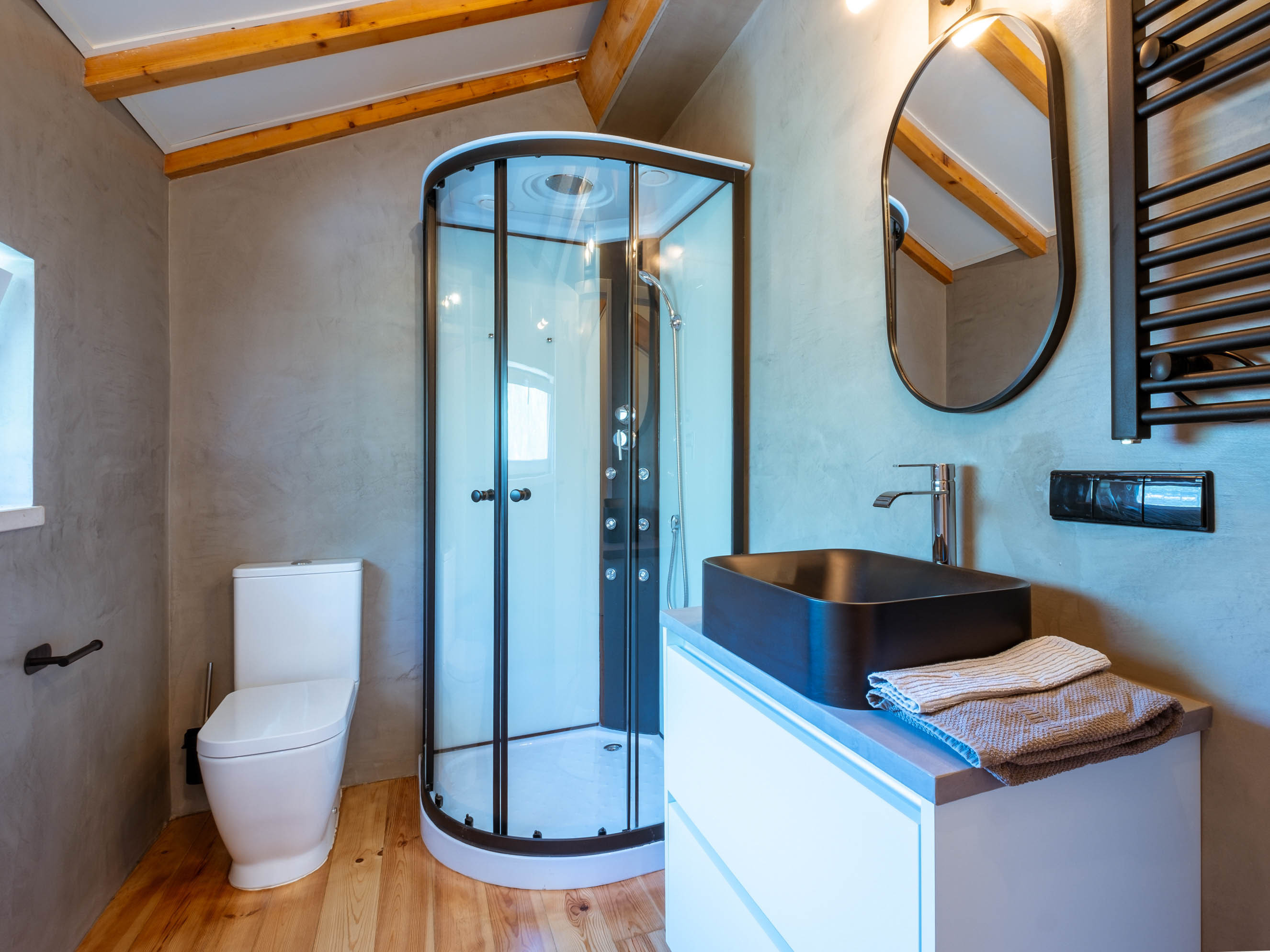 Modern bathroom with wooden floor, white toilet, corner shower enclosure, black sink, and oval mirror.
