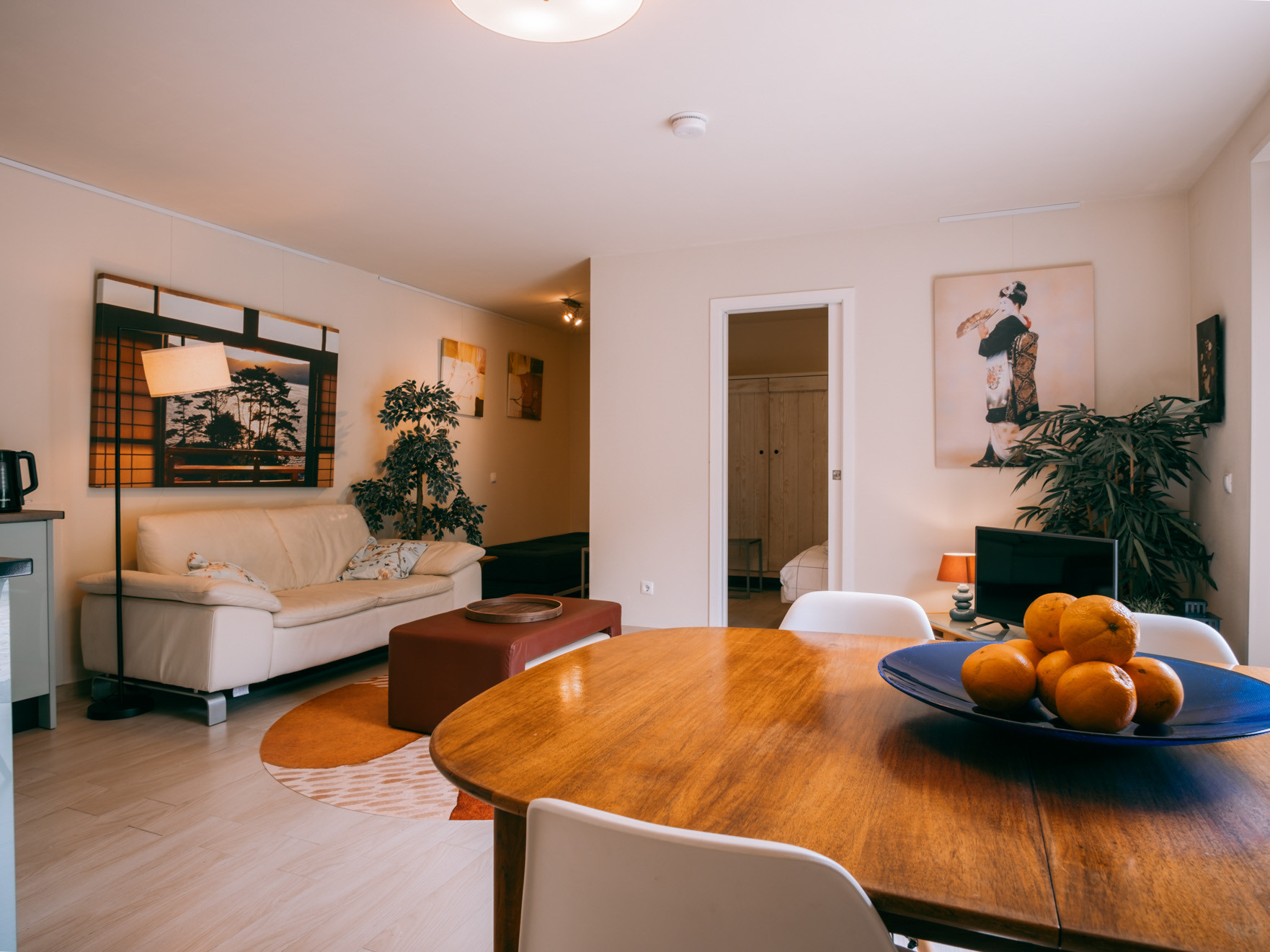 Dining table with bowl of oranges in open living room showing sofa, plants, and wall art.