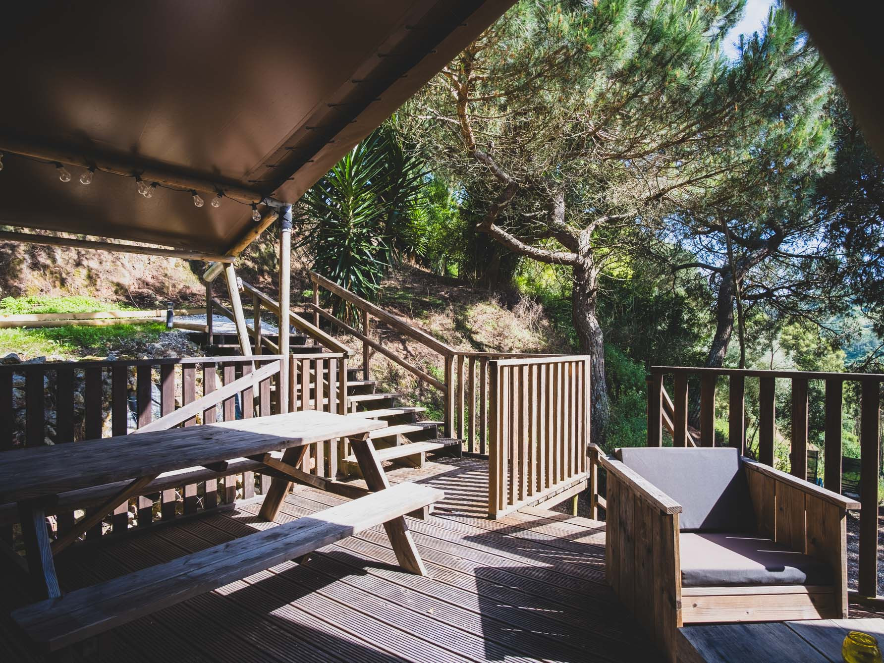 Wooden outdoor deck with picnic table, cushioned armchair, stairs, and surrounding pine trees.