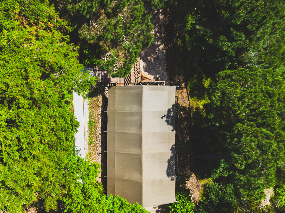 Rectangular beige canopy surrounded by dense green pine trees with a small wooden platform nearby.